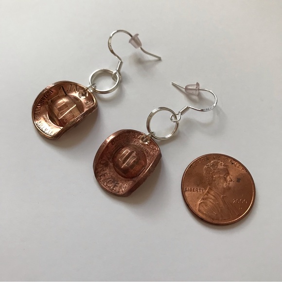 Handcrafted Rodeo Western Cowgirl Hat 1 Cent Penny Coin Pierced Drop Earrings - Picture 4 of 6